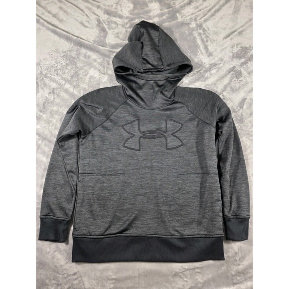UNDER ARMOUR ColdGear Heather Black BIG Logo Funnel Neck Fleece Hoodie W/pocket - Picture 1 of 8